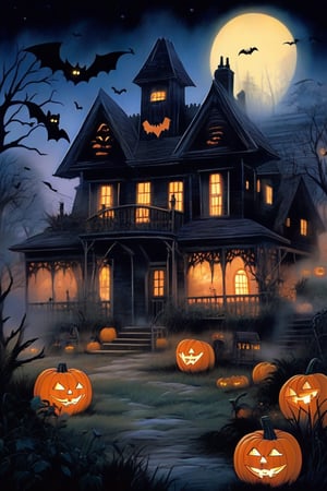  A spooky Halloween landscape with a old house, pumpkins, bats, ghost and a whimsical touch: A misty moonlit night frames the scene, with the creaking old house looming large in the center. Cobwebs cling to its crooked roof, while jack-o'-lanterns of varying sizes dot the yard, their carved faces aglow with an otherworldly light.