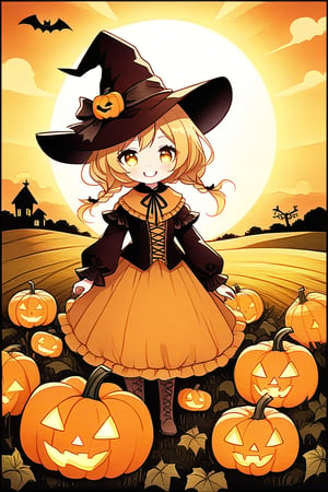 A whimsical, little cute chibi scarecrow stands tall amidst a cornucopia of Halloween pumpkins in the rustic countryside. Framed by a sun-kissed horizon, the scarecrow's bright yellow smile and wide-brimmed hat contrast with the eerie ambiance. Soft, golden lighting highlights the pumpkins' intricate carvings, while the scarecrow's delicate, Chibi-inspired features exude playful innocence. Chibi style