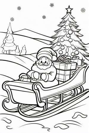 christmas, Christmas sled full of presents, black and white outline for kids, colloring book page, cloring pages for kids, full white, white background, cartoon style, clean line art