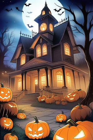 A spooky Halloween landscape with a haunted house, pumpkins, and a whimsical touch: A misty moonlit night frames the scene, with the creaking old mansion looming large in the center. Cobwebs cling to its crooked roof, while jack-o'-lanterns of varying sizes dot the yard, their carved faces aglow with an otherworldly light.