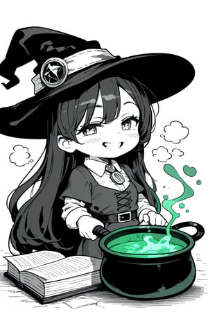 A whimsical black and white drawing of a witch with her cauldron and pointed hat, depicted in a defined line style suitable for beginners. A chibi-inspired rendering features bold black lines against a crisp white background, emphasizing the witch's mischievous grin as she stirs the bubbling potion within her steaming cauldron, set against a darkened laboratory backdrop with scattered books and mysterious artifacts surrounding her.