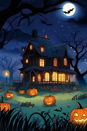 A spooky Halloween landscape with a old house, pumpkins, bats, ghost and a whimsical touch: A misty moonlit night frames the scene, with the creaking old house looming large in the center. Cobwebs cling to its crooked roof, while jack-o'-lanterns of varying sizes dot the yard, their carved faces aglow with an otherworldly light. chibi and cartoon style