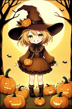 A whimsical, little chibi scarecrow stands tall amidst a cornucopia of Halloween pumpkins in the rustic countryside. Framed by a sun-kissed horizon, the scarecrow's bright yellow smile and wide-brimmed hat contrast with the eerie ambiance. Soft, golden lighting highlights the pumpkins' intricate carvings, while the scarecrow's delicate, Chibi-inspired features exude playful innocence. Chibi style