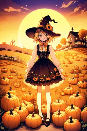 A whimsical, miniature scarecrow stands tall amidst a cornucopia of Halloween pumpkins in the rustic countryside. Framed by a sun-kissed horizon, the scarecrow's bright yellow smile and wide-brimmed hat contrast with the eerie ambiance. Soft, golden lighting highlights the pumpkins' intricate carvings, while the scarecrow's delicate, Chibi-inspired features exude playful innocence.