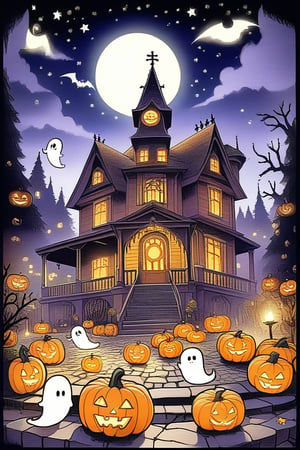 A spooky Halloween landscape with a old house, pumpkins, bats, ghost and a whimsical touch: A misty moonlit night frames the scene, with the creaking old mansion looming large in the center. Cobwebs cling to its crooked roof, while jack-o'-lanterns of varying sizes dot the yard, their carved faces aglow with an otherworldly light. Chibi and cartoon style