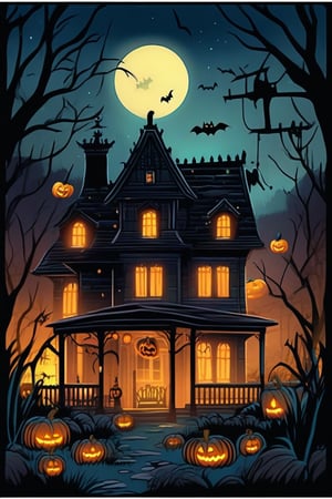 A spooky Halloween landscape with a old house, pumpkins, bats, ghost and a whimsical touch: A misty moonlit night frames the scene, with the creaking old house looming in the center. Cobwebs cling to its crooked roof, while jack-o'-lanterns of varying sizes dot the yard, their carved faces aglow with an otherworldly light. chibi and cartoon style for kids