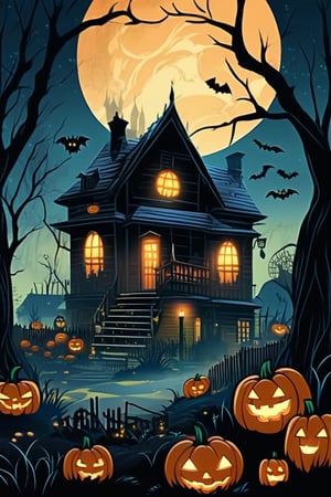 A spooky Halloween landscape with a old house, pumpkins, bats, ghost and a whimsical touch: A misty moonlit night frames the scene, with the creaking old house looming in the center. Cobwebs cling to its crooked roof, while jack-o'-lanterns of varying sizes dot the yard, their carved faces aglow with an otherworldly light. chibi and cartoon style for kids