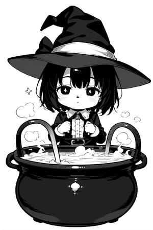 A spooky delight! Here's a prompt for a Halloween. In black and white for kids in Chibi style:

A small, adorable witch with a pointed hat and wart on her nose sits on a cauldron-covered hillside. Black outlines on a crisp white background await a young artist's touch. Simple lines and minimal details make this Chibi-style witch perfect for beginners. Black lines white background.