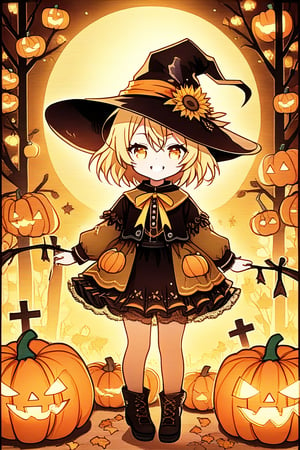 A whimsical, little chibi scarecrow stands tall amidst a cornucopia of Halloween pumpkins in the rustic countryside. Framed by a sun-kissed horizon, the scarecrow's bright yellow smile and wide-brimmed hat contrast with the eerie ambiance. Soft, golden lighting highlights the pumpkins' intricate carvings, while the scarecrow's delicate, Chibi-inspired features exude playful innocence. Chibi style