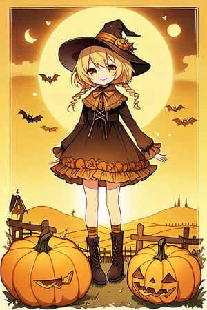 A whimsical, little chibi scarecrow stands tall amidst a cornucopia of Halloween pumpkins in the rustic countryside. Framed by a sun-kissed horizon, the scarecrow's bright yellow smile and wide-brimmed hat contrast with the eerie ambiance. Soft, golden lighting highlights the pumpkins' intricate carvings, while the scarecrow's delicate, Chibi-inspired features exude playful innocence. Chibi style