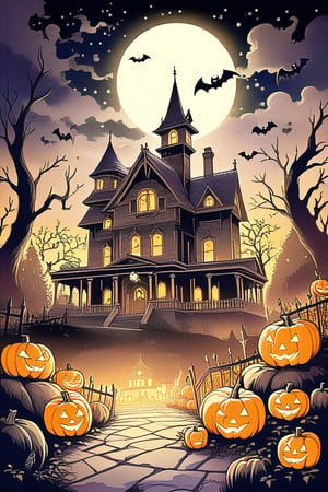 A spooky Halloween landscape with a old house, pumpkins, bats, ghost and a whimsical touch: A misty moonlit night frames the scene, with the creaking old mansion looming large in the center. Cobwebs cling to its crooked roof, while jack-o'-lanterns of varying sizes dot the yard, their carved faces aglow with an otherworldly light. Cartoon style