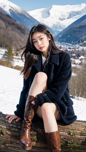 cute girl, long hair, grey winter coat fashion, black short skirt, boots, Sitting cross-legged on wood log, switzerland, snowy mountains background, blue sky, 4K, ultra HD, RAW photo, realistic, masterpiece, best quality, beautiful skin, white skin, 50mm, medium full shot, outdoor, full body, photography, Portrait, ,chinatsumura, high fashion