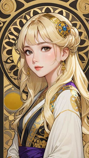 A beautiful Kpop singer IU girl, blonde hair, dynamic character, detailed exquisite face, bold high quality, high contrast, patchwork, vibrant colors, looking at viewer, intricate gold patterns,  (Gustav Klimt and Mucha and Caravaggio style artwork),art_booster,art nouveau