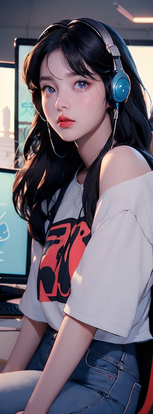 A beautiful Korean girl, wearing a evergreen shirt, wearing pinky gaming headphones, playing pc games, one shoulder, sitting on an office chair, holding her cheek with one hand, black super long hair, clear hair, tired expression, looking at the camera lazily, super wide angle, backlight, Light and dark effects, realistic style,