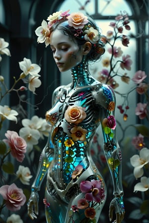 1girl,solo,"Transparent glass naked female cyborg. Skeleton and organs made of vibrant flowers. Mechanical joints visible. Heart of roses, lungs of hydrangeas, brain of orchids. Flowers spilling from slight cracks. Soft backlighting emphasizing transparency. Elegant pose. Simple futuristic background. Photorealistic style with high detail on glass and floral elements.",Clear Glass Skin,tranzp