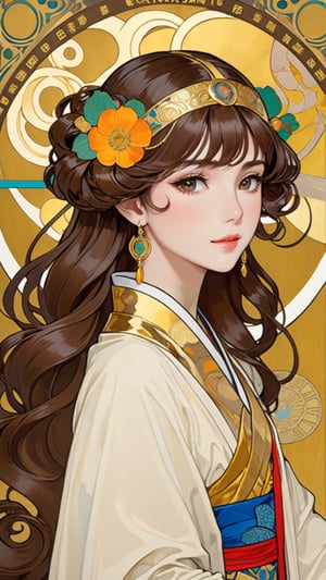 A beautiful Taiwanese girl, brownie hair, dynamic character, detailed exquisite face, bold high quality, high contrast, patchwork, vibrant colors, looking at viewer, intricate gold patterns,  (Gustav Klimt and Mucha and Caravaggio style artwork),art_booster,art nouveau