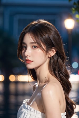 1girl, solo, long hair, looking at viewer, brown hair, black hair, dress, bare shoulders, brown eyes, closed mouth, upper body, outdoors, water, blurry, from side, lips, strapless, night, depth of field, blurry background, realistic, nose