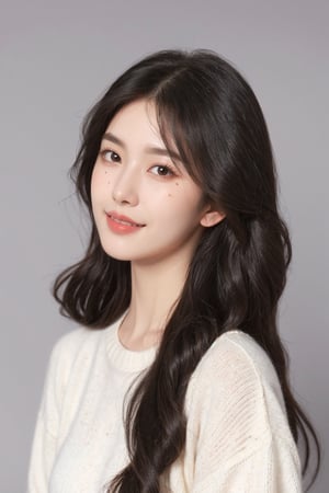 1girl, solo, long hair, looking at viewer, smile, simple background, black hair, long sleeves, closed mouth, upper body, grey background, mole, black eyes, sweater, lips, realistic