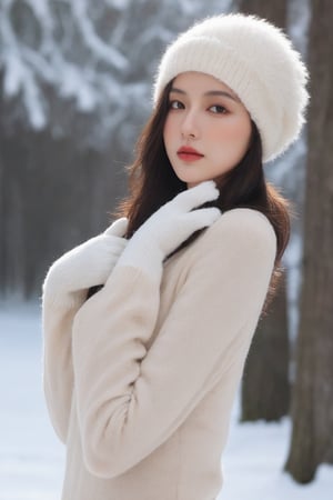 (ultra best quality, in 8K, masterpiece, delicate illustration), perfect body,((large breasts:1.2)),(fashion clothing),wearing a Beanie,Wear gloves,dynamic posture, many hairstyles, beautiful face, slim body, red lips, big blue eyes, Soft smile, better_hands, (snow background),studio lighting, side view