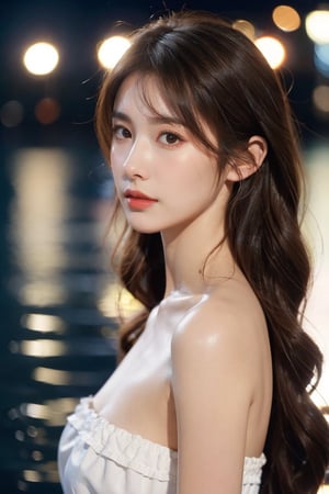 1girl, solo, long hair, looking at viewer, brown hair, black hair, dress, bare shoulders, brown eyes, closed mouth, upper body, outdoors, water, blurry, from side, lips, strapless, night, depth of field, blurry background, realistic, nose