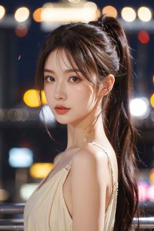 1girl, solo, long hair, looking at viewer, brown hair, black hair, brown eyes, upper body, ponytail, blurry, lips, night, depth of field, blurry background, city, realistic, bokeh, city lights