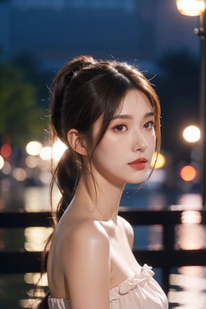 1girl, solo, long hair, looking at viewer, brown hair, black hair, dress, bare shoulders, brown eyes, closed mouth, upper body, ponytail, outdoors, water, blurry, from side, lips, strapless, night, depth of field, blurry background, realistic, nose