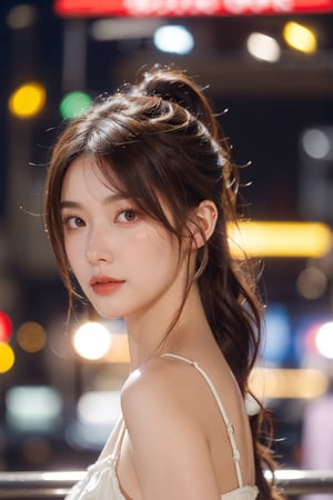 1girl, solo, long hair, looking at viewer, brown hair, black hair, brown eyes, upper body, ponytail, blurry, lips, night, depth of field, blurry background, city, realistic, bokeh, city lights