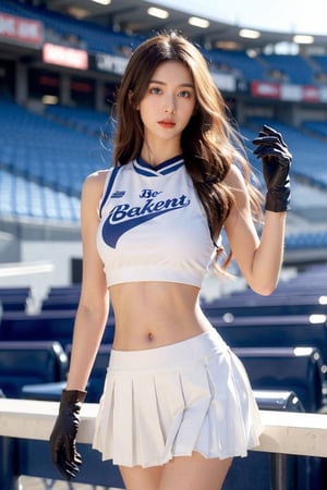 1girl, long hair, breasts, looking at viewer, blue eyes, skirt, brown hair, shirt, gloves, navel, holding, bare shoulders, (large breasts), standing, pleated skirt, sleeveless, solo focus, black gloves, midriff, miniskirt, lips, crop top, white skirt, clothes writing, cheerleader, crowd, stadium, ((sunset))