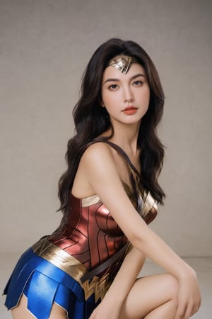 (ultra best quality, in 8K, masterpiece, delicate illustration), perfect body,(nude),((large breasts:1.2)),(Wonder Woman),dynamic posture, many hair, beautiful face, sexy body, red lips, (big blue eyes), Soft smile, better_hands, ((war background)),magical light, side view,FilmGirl,wonder-woman-xl