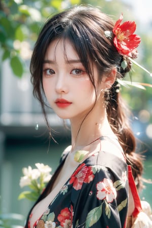 1girl, solo,big breasts, upper body, black hair, hair ornament, closed mouth, flower, japanese clothes, hair flower, kimono, blurry, lips, eyelashes, depth of field, butterfly, blurry foreground, water drop, realistic, nose, red lips,1 girl,Young beauty spirit ,chinatsumura,Soojin 