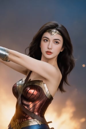 (ultra best quality, in 8K, masterpiece, delicate illustration), perfect body,((large breasts:1.2)),(Wonder Woman),dynamic posture, many hair, beautiful face, slim body, red lips, big blue eyes, Soft smile, better_hands, ((war background)),magical light, side view,FilmGirl,wonder-woman-xl