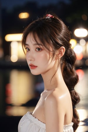 1girl, solo, long hair, looking at viewer, brown hair, black hair, dress, bare shoulders, brown eyes, closed mouth, upper body, ponytail, outdoors, water, blurry, from side, lips, strapless, night, depth of field, blurry background, realistic, nose