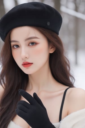 (ultra best quality, in 8K, masterpiece, delicate illustration), perfect body,((large breasts:1.2)),(fashion clothing),wearing a hat,Wear black gloves,dynamic posture, many hairstyles, beautiful face, slim body, red lips, big brown eyes, Soft smile, better_hands, (snow background),studio lighting, side view