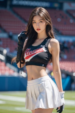 1girl, long hair, breasts, looking at viewer, blue eyes, skirt, brown hair, shirt, gloves, navel, holding, bare shoulders, medium breasts, standing, pleated skirt, parted lips, sleeveless, solo focus, black gloves, midriff, miniskirt, lips, crop top, white skirt, clothes writing, cheerleader, crowd, stadium