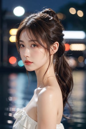 1girl, solo, long hair, looking at viewer, brown hair, black hair, dress, bare shoulders, brown eyes, closed mouth, upper body, ponytail, outdoors, water, blurry, from side, lips, strapless, night, depth of field, blurry background, realistic, nose