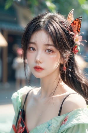1girl, solo, upper body,  face directly, black hair, hair ornament, closed mouth, flower, japanese clothes, hair flower, kimono, blurry, lips, eyelashes, depth of field, butterfly, portrait, blurry foreground, water drop, realistic, nose, red lips,1 girl,Young beauty spirit ,chinatsumura,Soojin 