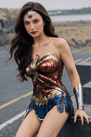 (ultra best quality, in 8K, masterpiece, delicate illustration), perfect body,(nude),((large breasts:1.2)),(Wonder Woman),dynamic posture, many hair, beautiful face, sexy body, red lips, (big blue eyes), Soft smile, better_hands, ((war background)),magical light, side view,FilmGirl,wonder-woman-xl