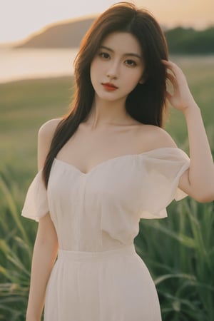 (portrait,ultra best quality, in 8K,art, masterpiece, delicate illustration), perfect body,((large breasts:1.2)),Under the sunset, a young girl stands out with her sun-kissed hair and Two-piece sets or crop tops paired,many hairstyles,red lips, Soft smile, Her sparkling black eyes and gentle smile make her part of the evening beauty, connecting emotionally with the gentle waves, creating a serene painting of love and tranquility by the sea.