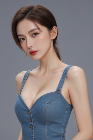 (ultra best quality, in 8K, masterpiece, delicate illustration), perfect body,((large breasts:1.2)),(denim clothing),dynamic posture, high bun hair, beautiful face, slim body, red lips, big blue eyes, Soft smile, better_hands, (moonlight background),studio lighting, side view,FilmGirl
