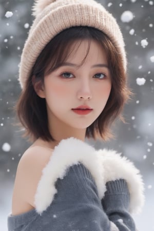 (ultra best quality, in 8K, masterpiece, delicate illustration), perfect body,((large breasts:1.2)),(fashion clothing),wearing a Beanie,Wear gloves,dynamic posture, many hairstyles, beautiful face, slim body, red lips, big blue eyes, Soft smile, better_hands, (snow background),studio lighting, side view