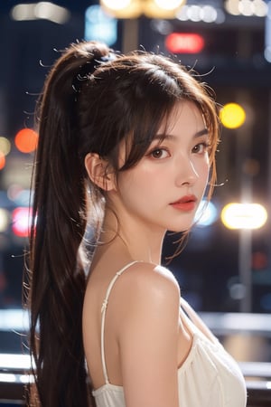1girl, solo, long hair,(big breasts), looking at viewer, brown hair, black hair, brown eyes, upper body, ponytail, blurry, lips, night, depth of field, blurry background, city, realistic, bokeh, city lights