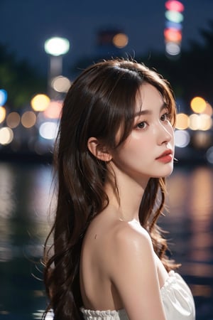 1girl, solo, long hair, looking at viewer, brown hair, black hair, dress, bare shoulders, brown eyes, closed mouth, upper body, outdoors, water, blurry, from side, lips, strapless, night, depth of field, blurry background, realistic, nose