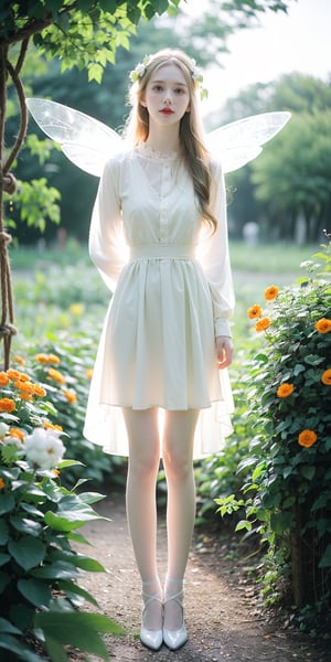 analog photo, retro, a sexy woman,big breasts, 25 years old,  outdoors, wild nature, hair ornaments,
realistic detailed skin, film grain, raw photo, ((pale skin)), sunny day, flowers, posing, nsfw,
big green eyes, freckles, ((orange hairs)),
((cotton))dress, (cincher), bow, standing long sleeves, sleeves past wrists, rope bridges, soft fairy lights, hidden nook, dreamy escape,
((garden)), ((short)) skirt, skirt lift, ((white dress))