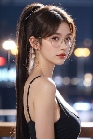 1girl, solo, long hair,(big breasts), looking at viewer, brown hair, black hair, brown eyes, upper body, ponytail, blurry, lips, night, depth of field, blurry background, city, realistic, bokeh, city lights, wear glasses