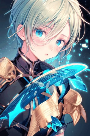 (Masterpiece),handsome boy with short blonde hair, blue eye,ultra detailed face,blue idol,fairy wing,hologram
