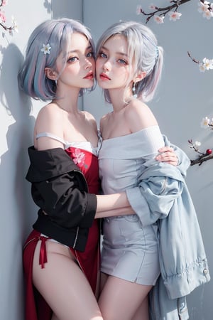 2girls, blush, blue eye, (white and blue highlight hair: 1.4), Donatella Versace designed: ((Luxurious off shoulder black jacket)) and ((Luxurious red frock)), stylish clothing, messy_hair, (( cherry blossoms art wall background)), kissing expression in her face, (stylish posing), navel,medium full shot,two_girl
