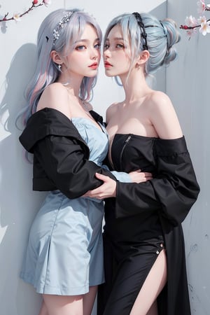 2girls, blush, blue eye, (white and blue highlight hair: 1.4), Donatella Versace designed: ((Luxurious off shoulder black jacket)) and ((Luxurious red frock)), stylish clothing, messy_hair, (( cherry blossoms art wall background)), kissing expression in their face, (stylish posing), navel,medium full shot,two_girl,2girls,different_clothes