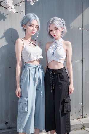 2girls, different face, blush, blue eye, (white and blue highlight hair: 1.4), Donatella Versace designed: (((blue designed fancy top))), and (((loose cargo pants))), (((waist knot belts))), stylish clothing, different clothing, messy_hair, (( cherry blossoms art wall background)), nervous and embarrassed expression in their face, ((stylish posing)), hot photoshoot pose,medium full shot,two_girl,2girls,different_clothes