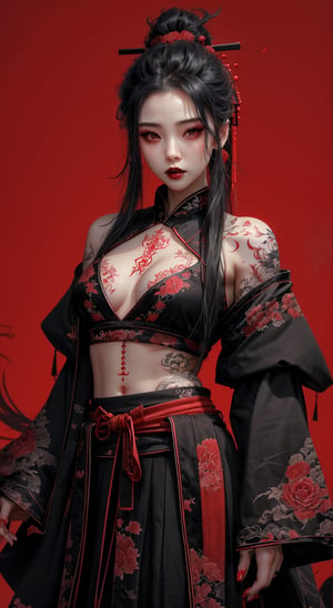 score_9, score_8_up, score_7_up, (front:1.2), 1girl, goth girl, black lips, hanfu robe, red background, midriff, upper body, medium breasts, tattoo, body tattoo, urban tech, looking_at_viewer