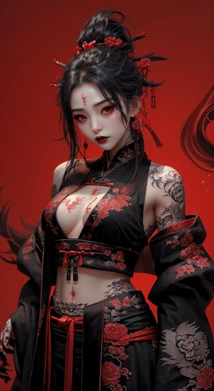 score_9, score_8_up, score_7_up, (front:1.2), 1girl, goth girl, black lips, hanfu robe, red background, midriff, upper body, medium breasts, tattoo, body tattoo, urban tech, looking_at_viewer